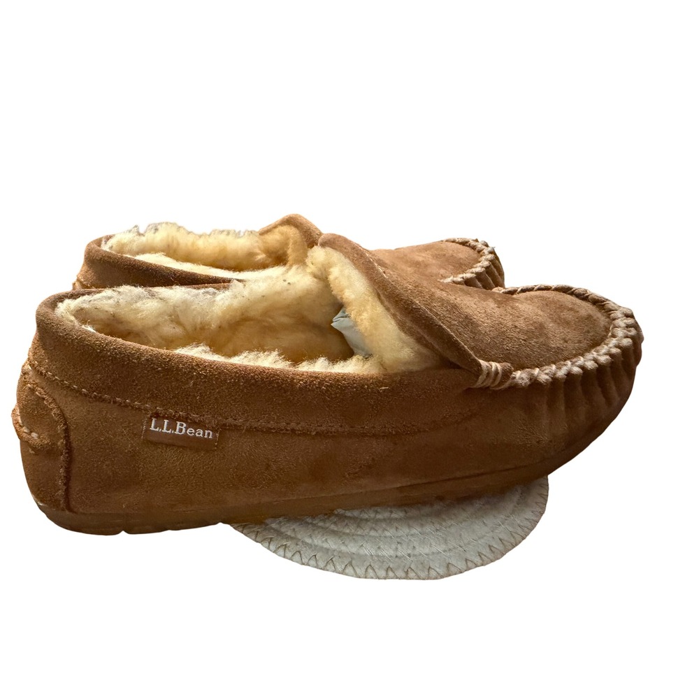 LL Bean Wicked Good Moccasins Women 8 Brown Suede Shearling Slippers Cozy Hygge